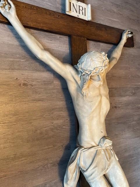 FULL SIZE 1800S COMPOSITION AND OAK CHURCH CRUICIFIX. 126cm x 218cm ADDITIONAL PHOTOS
