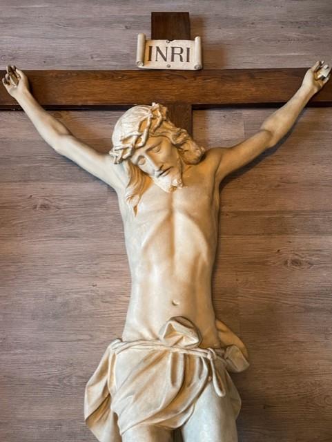 FULL SIZE 1800S COMPOSITION AND OAK CHURCH CRUICIFIX. 126cm x 218cm