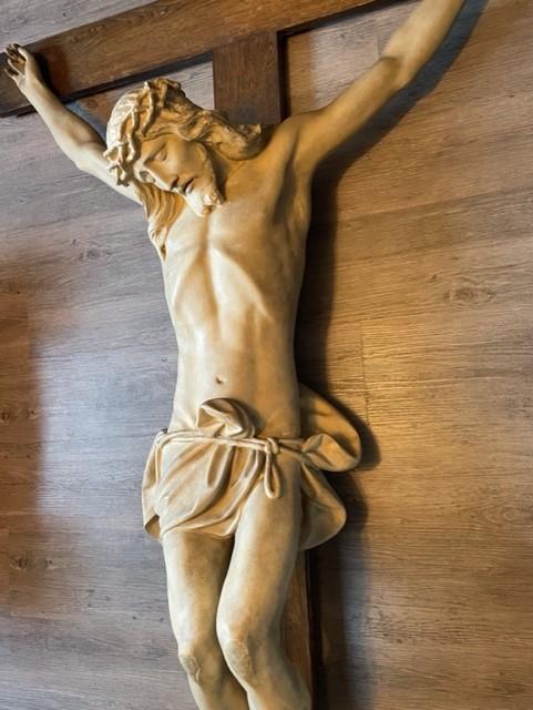 FULL SIZE 1800S COMPOSITION AND OAK CHURCH CRUICIFIX. 126cm x 218cm