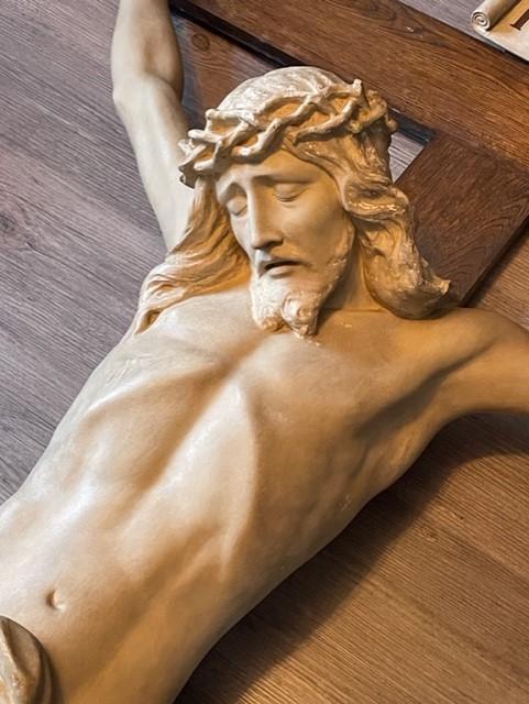 FULL SIZE 1800S COMPOSITION AND OAK CHURCH CRUICIFIX. 126cm x 218cm