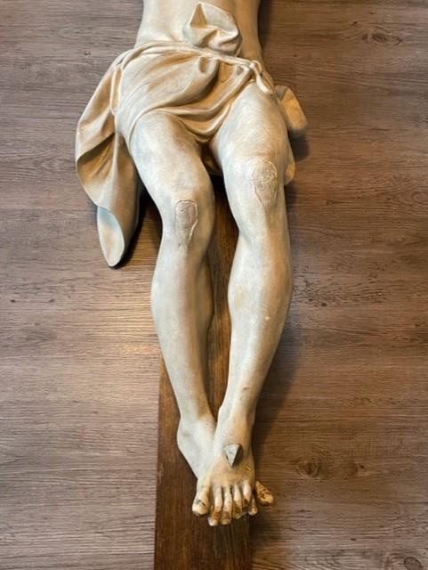 FULL SIZE 1800S COMPOSITION AND OAK CHURCH CRUICIFIX. 126cm x 218cm