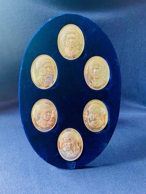 CASED ENGLISH ROYAL FAMILY HALLMARKED STERLING SILVER CAMEO COLLECTION SET BY JOHN PINCHES.