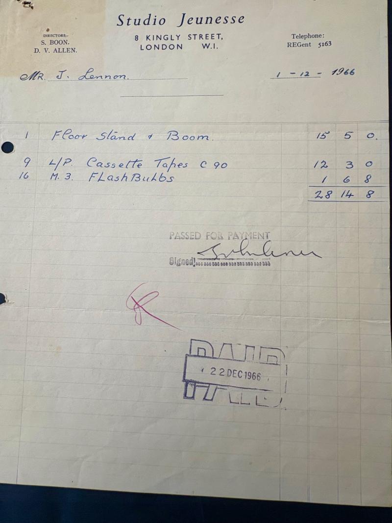 Very Rare John Lennon (Beatles) Hand Signed Receipt December 1st 1966.