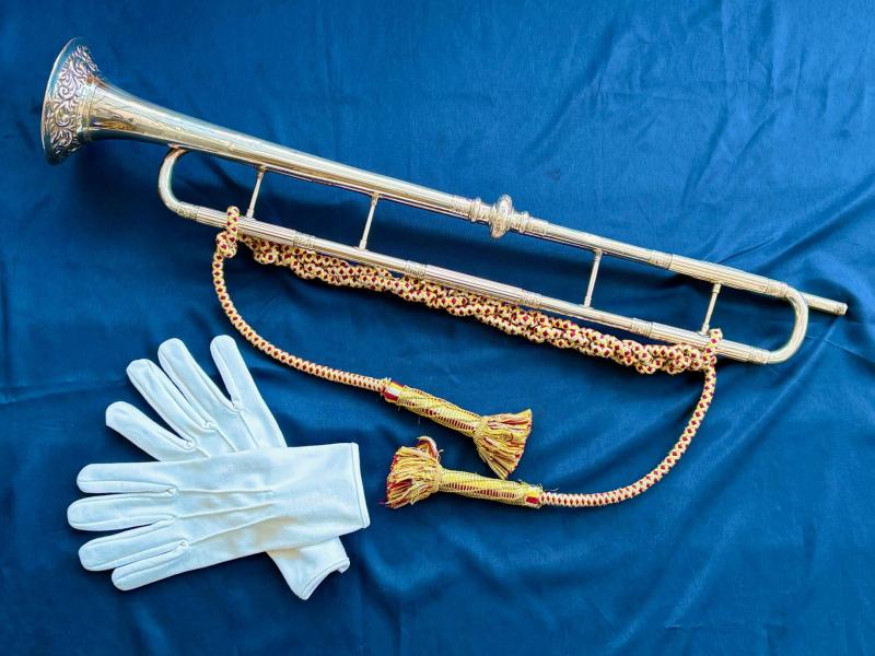Authentic Rare Household Cavalry state trumpeter's ceremonial trumpet and tassels.
